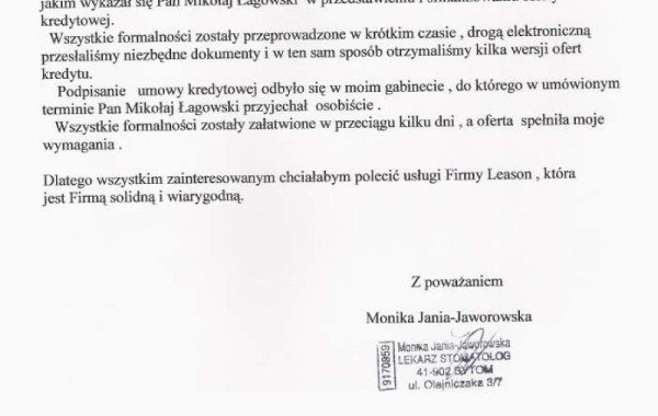 List Referencyjny – Monika Jania-Jaworowska